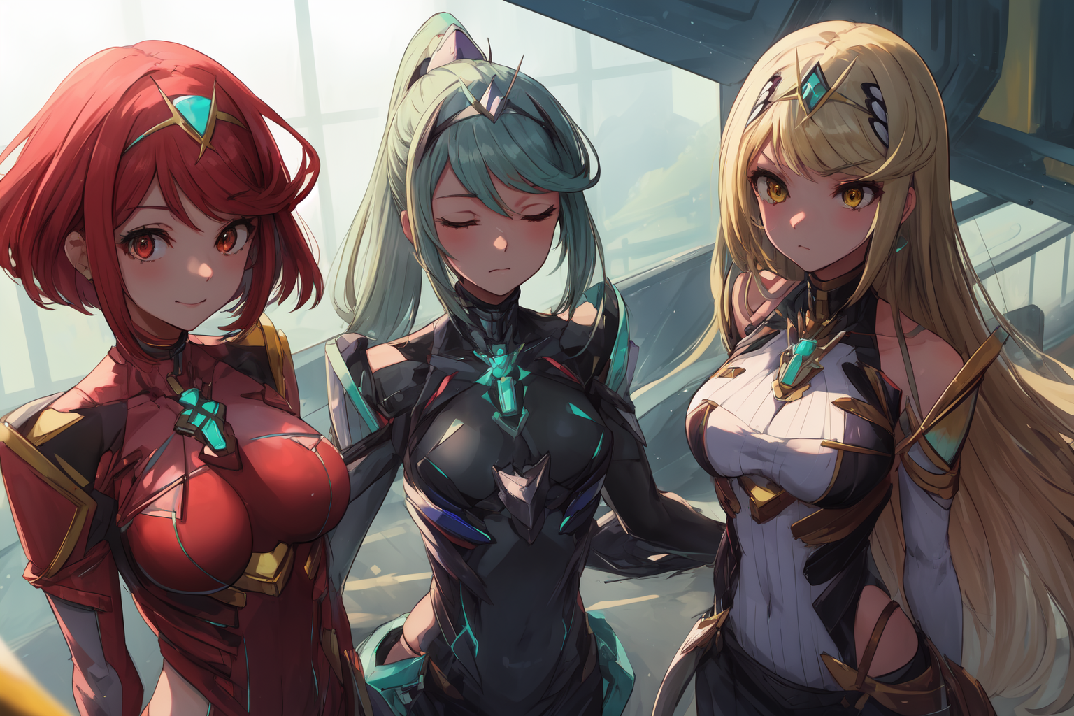 masterpiece,best quality,3girls,standing,
AND masterpiece,best quality,3girls,standing,(1girl,pyra \(xenoblade\),red hair,...